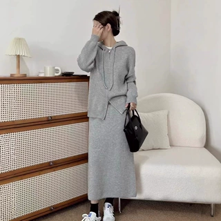 休闲连帽针织开衫半身裙两件套女装秋冬气质毛衣套装2026早秋新款