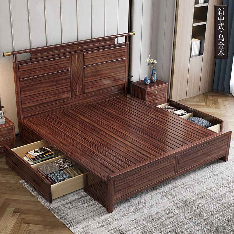 Nuevo estilo chino de madera de madera negra 1.5M cama de matrimonio simple moderna dormitorio de alojamiento de vivienda muebles de almacenamiento cama de madera maciza doble 1.8m