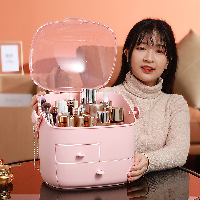 Caja de almacenamiento de cosméticos a prueba de polvo caja de maquillaje doméstica de gran capacidad caja de acabado de escritorio dormitorio estante de maquillaje de dormitorio