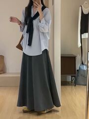 韩系休闲套装宽松长袖翻领衬衫女秋季高腰修身半身裙字裙两件套