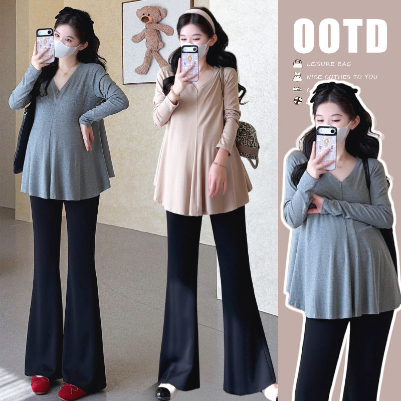 New Autumn Korean Style Loose Fishtail Tummy-Covering Maternity Top + Flared Pants Maternity Set New Autumn Korean Style Loose Fishtail Tummy-Covering Maternity Top + Flared Pants Maternity Set
