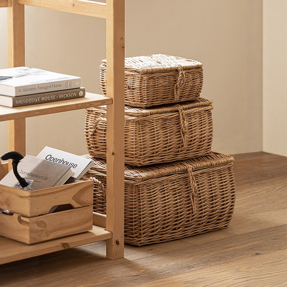 Cesta de almacenamiento de caña personalizada con cubierta caja de almacenamiento de tejido de sauce ropa doméstica juguetes gran capacidad de acabado cesta de almacenamiento