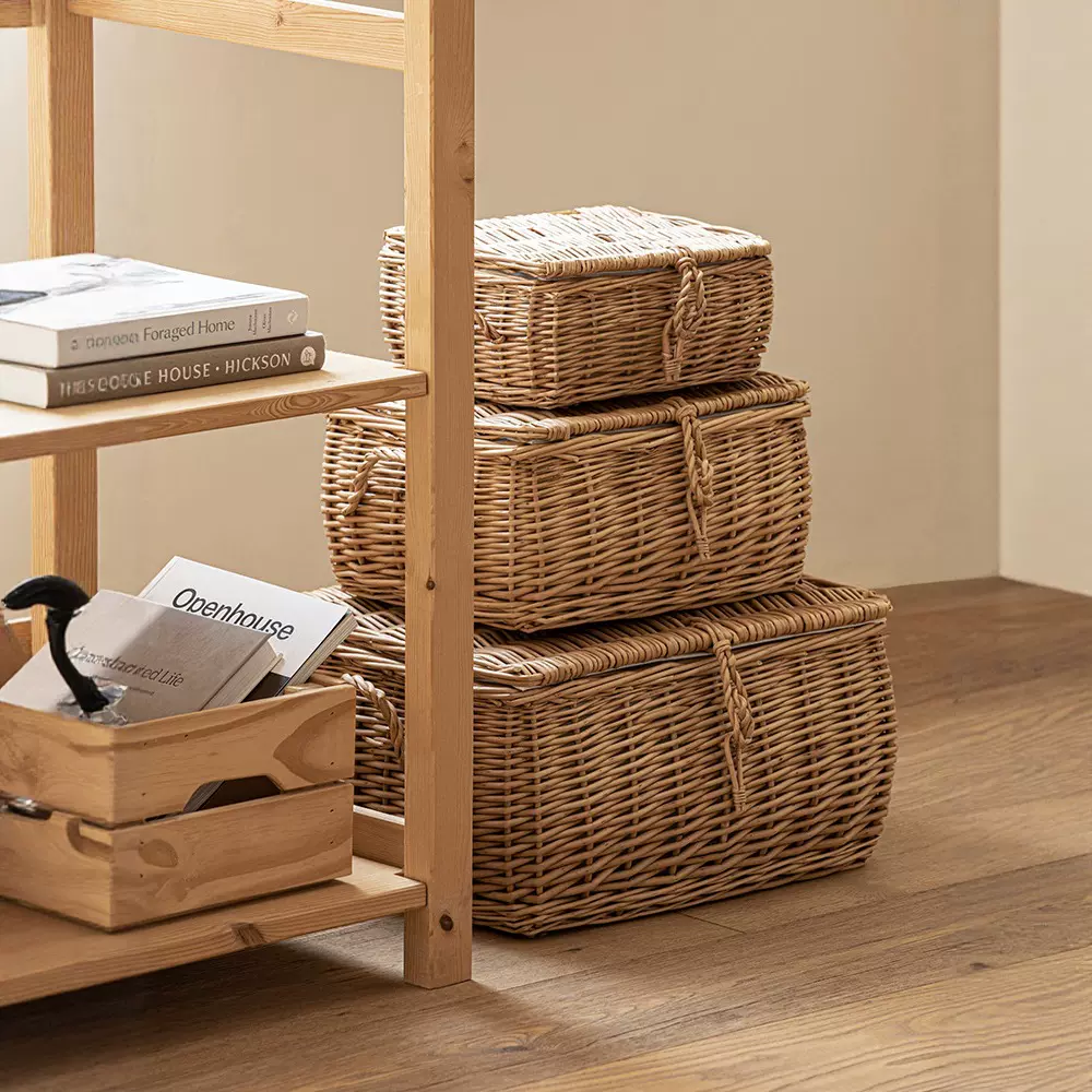 定制藤编收纳筐带盖柳编储物收纳盒家用衣服玩具大容量整理收纳篮