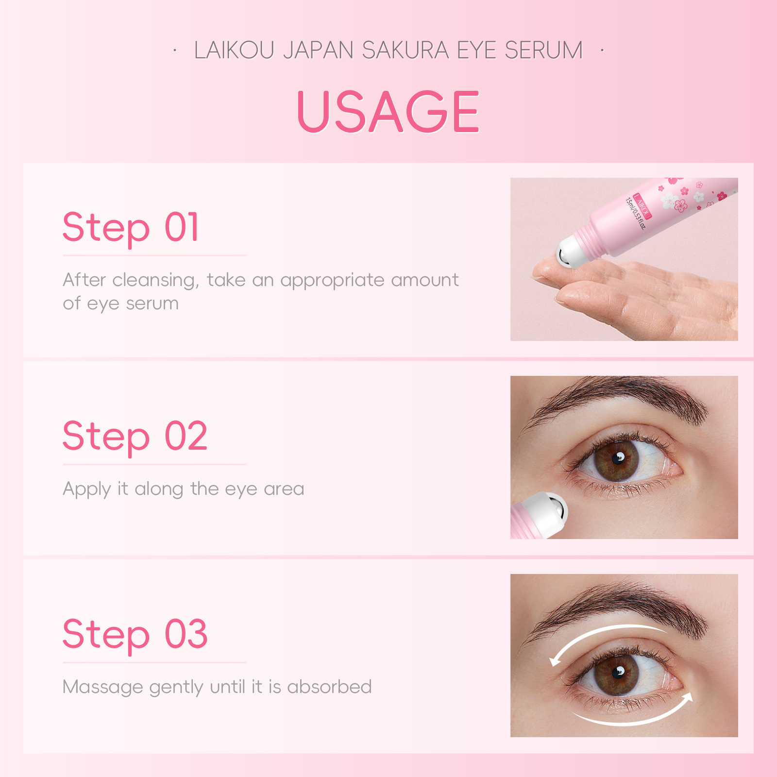 LAIKOU Cherry Blossom Eye Serum 15ml Roll-on Massage Eye Care Cream Moisturizing and Hydrating Skin Care Product undefined