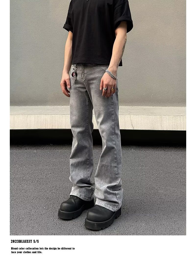 Men's Gray American Streetwear Vintage Wash Flared Jeans, Relaxed Fit Bootcut Denim Pants With Distressed Details For Urban Fashion_mkmklike.com