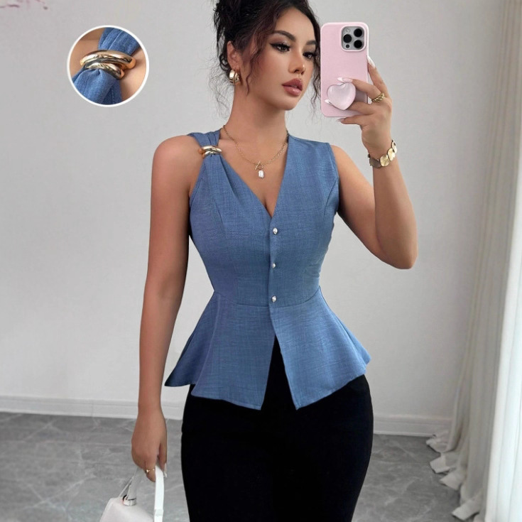 Cross-Border Women's Simple Metal Buckle Design V Neck Sleeveless Waist Slimming Shirt
