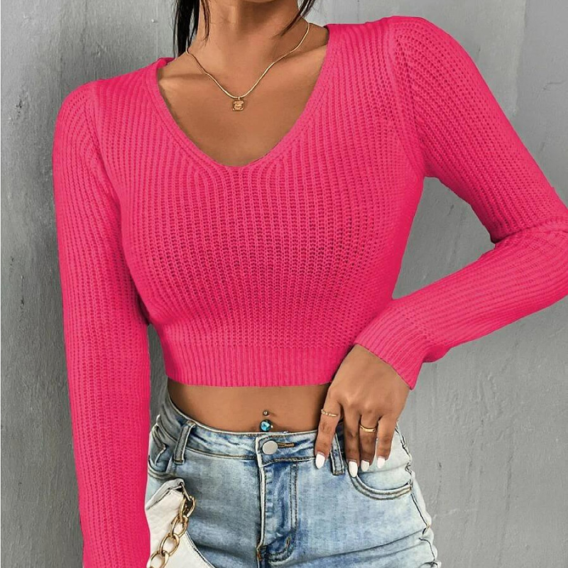 Gestricktes T-Shirt für Damen mit langen Ärmeln und kurzem Bauchnabel, rosa gestrickte Pulloverbluse_voghion.com
