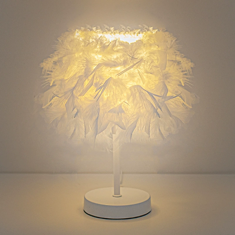 Table Lamp Feather Bedside Lantern, USB Rechargeable 1500 mAh, Touch Dimming, Wood Base