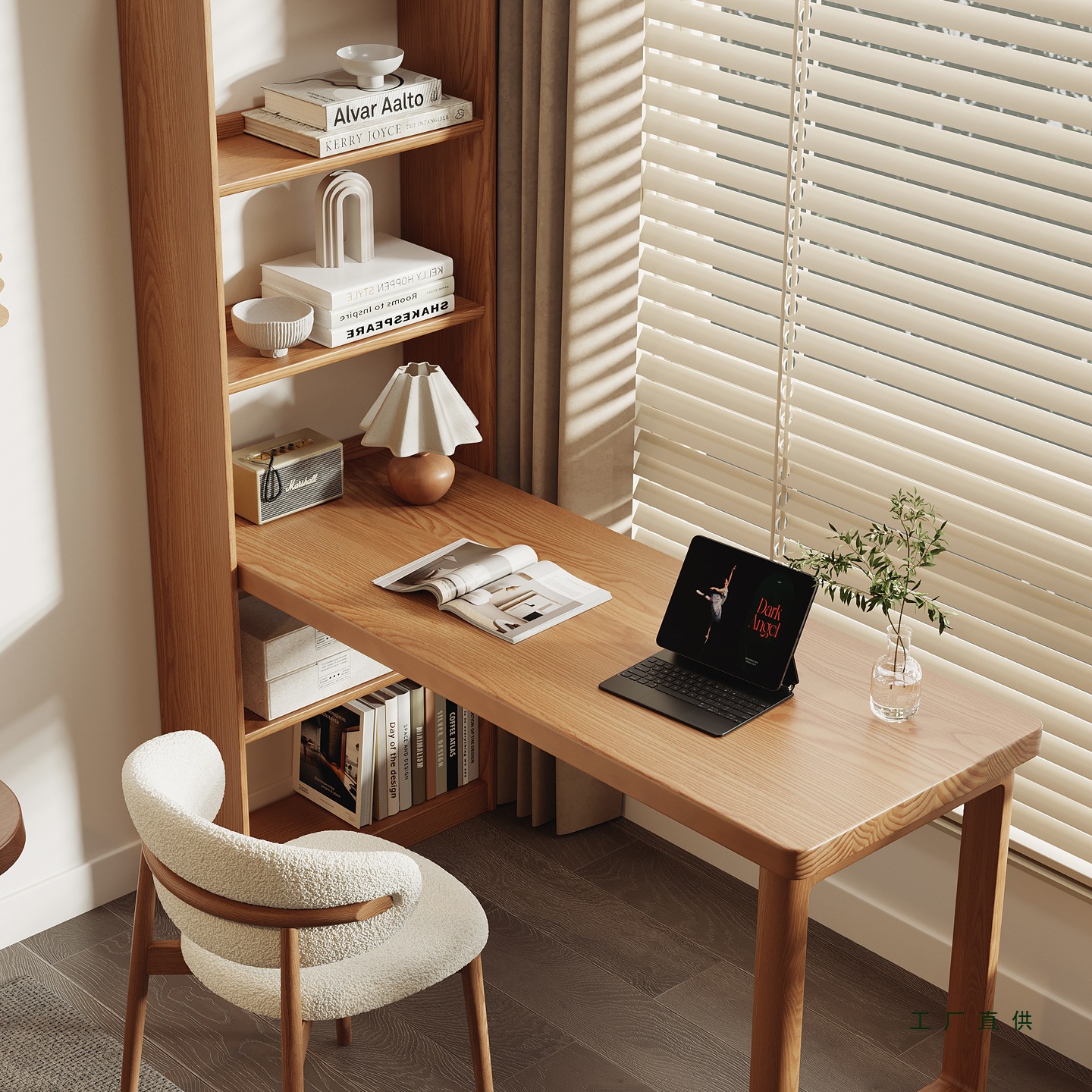 Solid Wood Corner Desk Bookshelf Integrated Computer Desk Log Style Writing Desk Study Desk Corner Desk