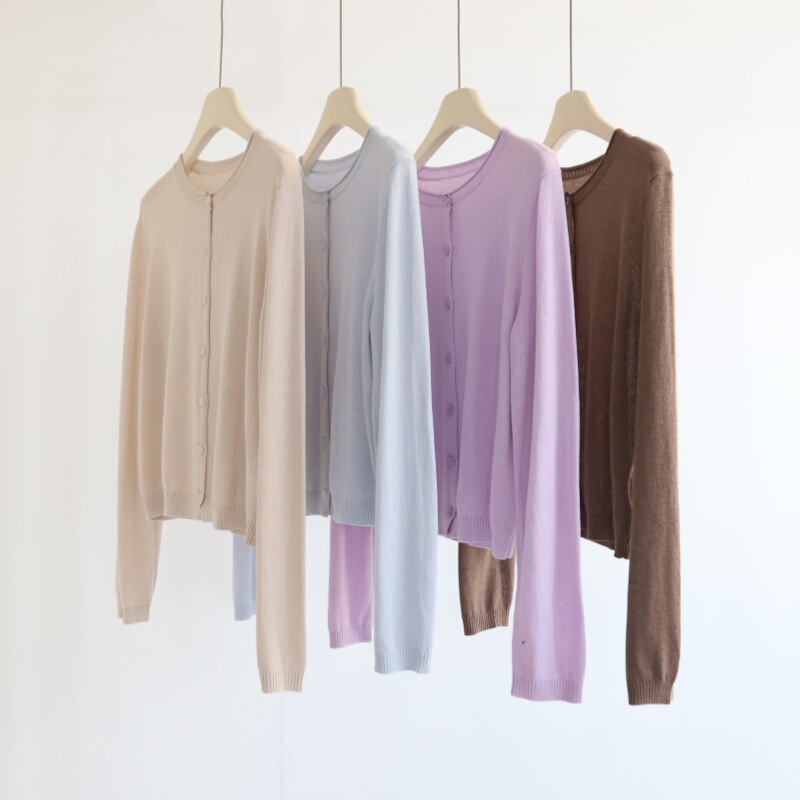 Tencel Cotton Paper Early Autumn Base Knit Cardigan for Women, Long-Sleeve Solid Color Single-Breasted and Paper Yarn Outerwear Top Tencel Cotton Paper Early Autumn Base Knit Cardigan for Women, Long-Sleeve Solid Color Single-Breasted and Paper Yarn Outerwear Top
