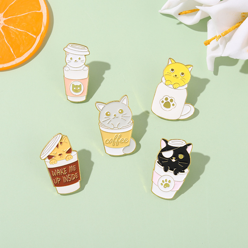 European And American New Cat Coffee Cup Animal Series Brooch Ladies Creative Cartoon Coffee Cat Shape Brooch display picture 9