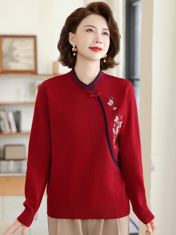 秋冬新款中老年女装洋气减龄毛衣打底衫妈妈冬装中式国风针织上衣|undefined