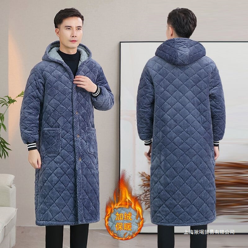 Winter Men's Fleece-Lined Thick Cotton Coat, Casual Long Over-The-Knee Smock, Workwear, Home Wear, Warm Cotton Clothing