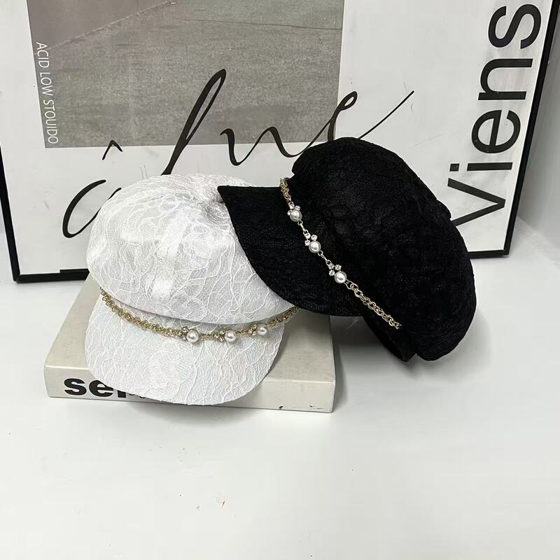 New Spring Pearl Chain Lace Octagonal Hat for Women, Summer Thin Beret with Wide Brim, Face-Slimming Sunshade Cap New Spring Pearl Chain Lace Octagonal Hat for Women, Summer Thin Beret with Wide Brim, Face-Slimming Sunshade Cap