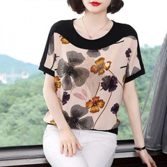 中年妈妈夏装短袖恤女半袖妈妈恤夏天新款年轻大花花雪纺衫百搭