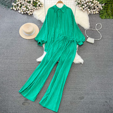 时尚套装女名媛三宅褶皱灯笼长袖宽松单排扣衬衫两件套高腰阔腿裤