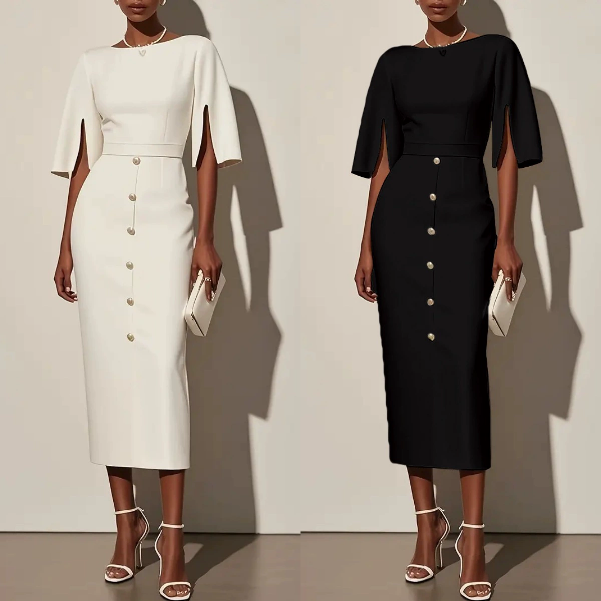 2025 трансграничное европейское и американское Amazon новое летнее однотонное платье с круглым вырезом и разрезом на талии, декоративное платье на пуговицах для женщин