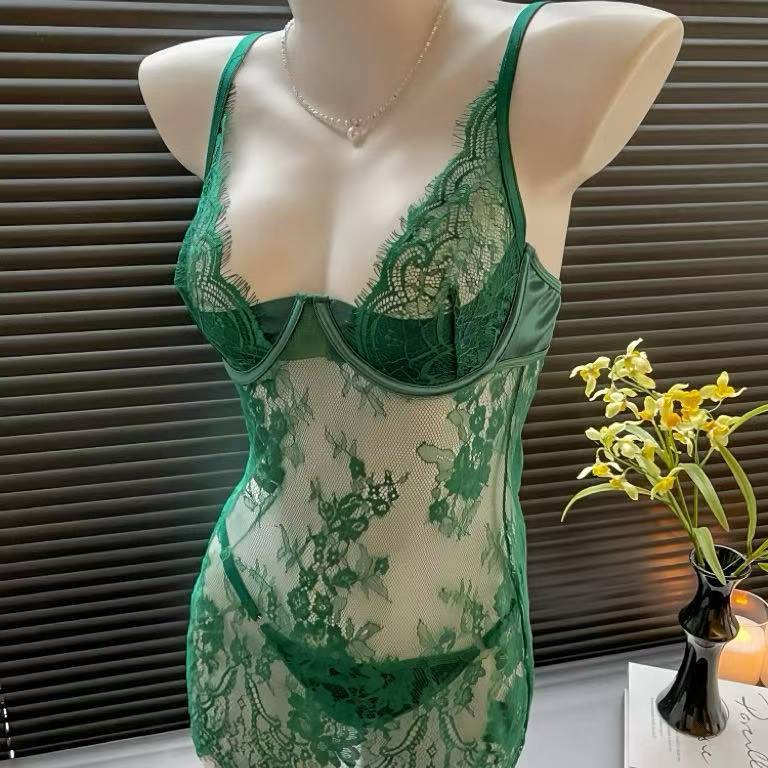 Lace Babydoll Set with Suspenders and Push-Up Shaping, Women’s Split Nightgown — detail image 4