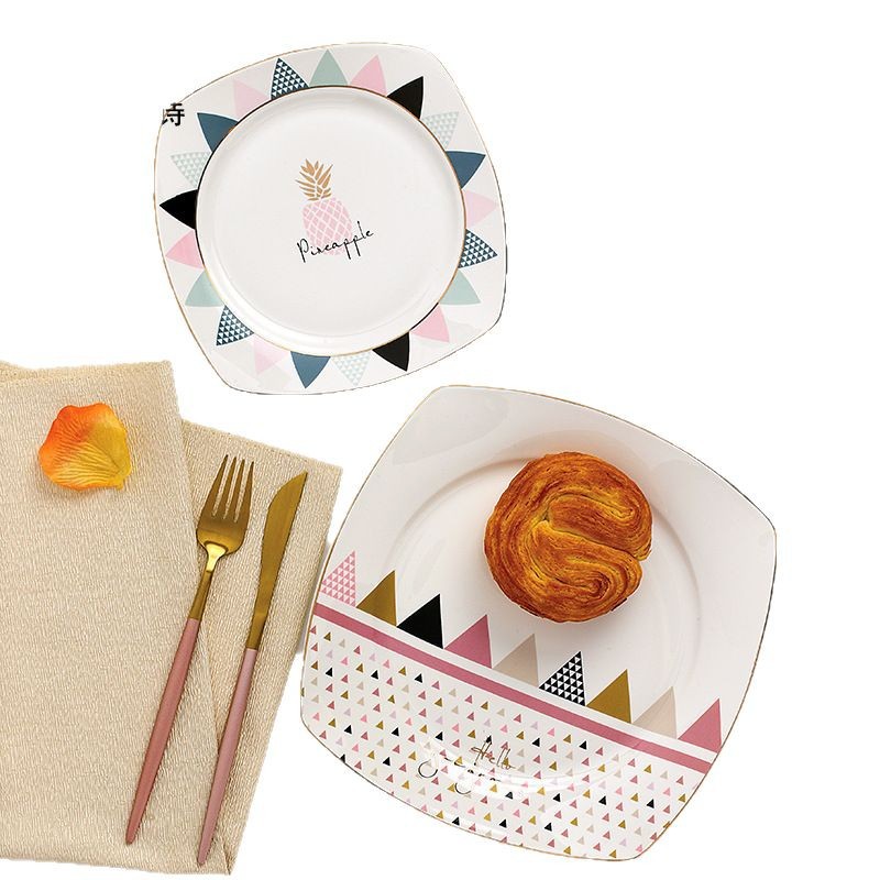 Square Gold-Rimmed Steak Plate Nordic Ins Style Western Food Plate Ceramic Tableware Rice Bowl Fish Plate Ins Style