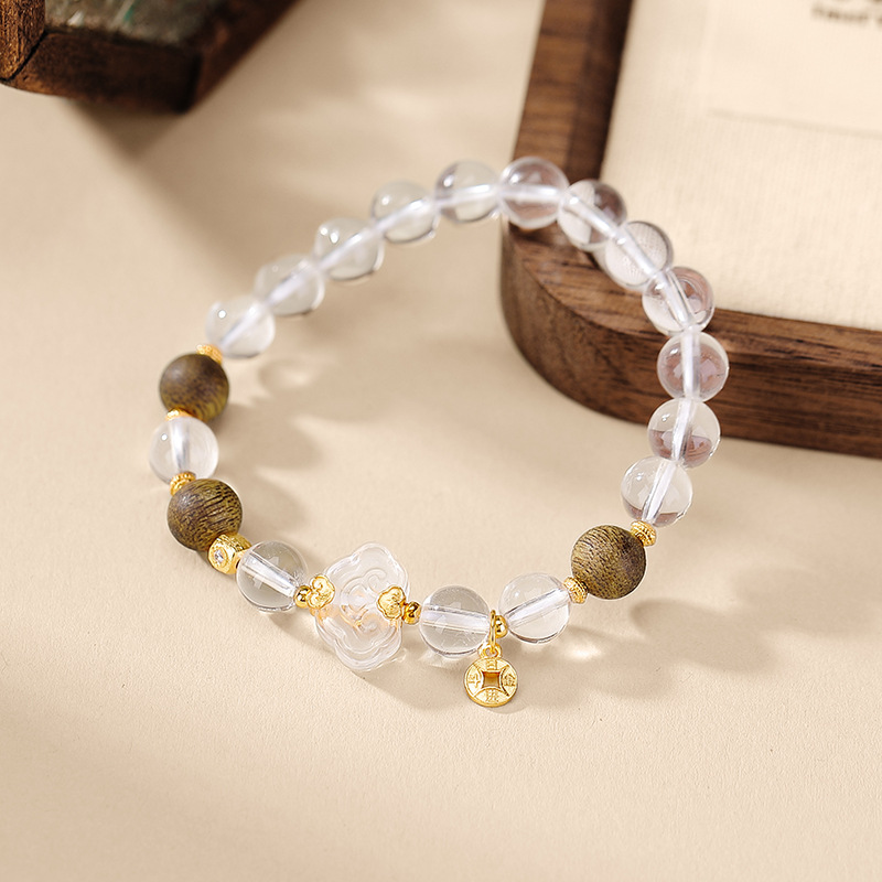Vòng tay bạc S925 mạ vàng hạt tròn đính tinh thể trắng trầm hương Ruyi đồng xu — Một chiếc