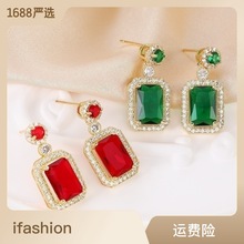 網紅長方形滿鑽綠色紅色鋯石耳釘高級感925銀輕奢高品質耳環耳飾