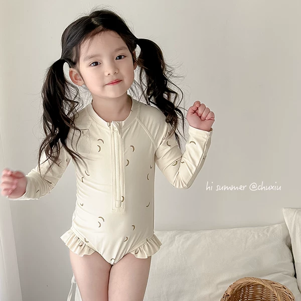 Ins Children's Swimwear Girls' Baby's Long-Sleeved Sunscreen Quick-Drying Swimwear Western Style Little Girl's Cute Swimwear