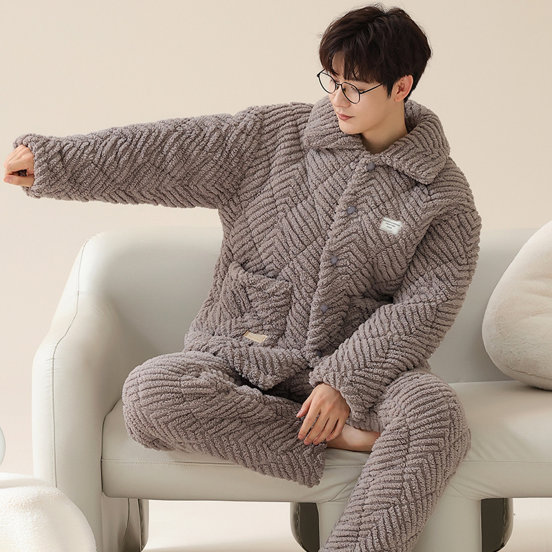 두꺼운 기모 겨울 남자 퀼트 플란넬 긴 소매 잠옷 카디건 따뜻한 세트 가을과 겨울 홈 옷
