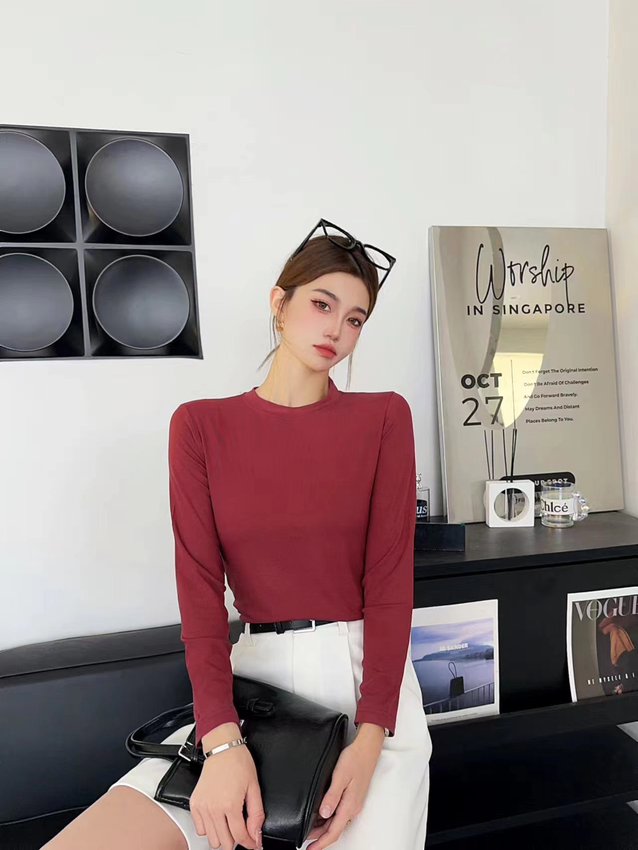 모달 고탄성 라운드넥 긴소매 버건디