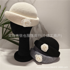 山茶花蓓蕾帽小香风针织千金礼帽韩系显脸小贝雷帽空姐帽画家帽