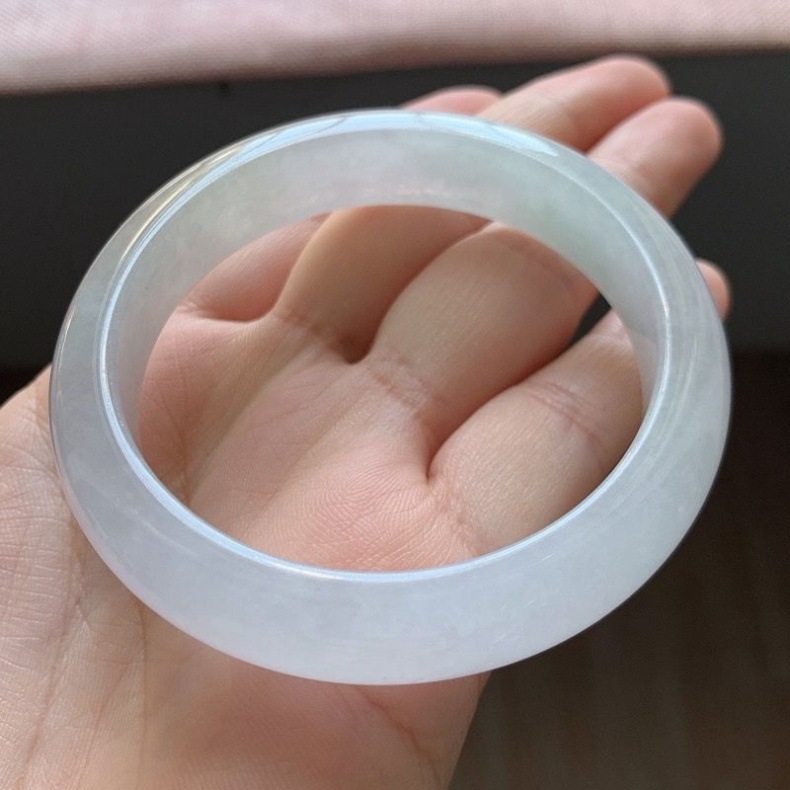 Vòng tay ngọc bích Miến Điện tự nhiên loại băng cao dải dày ánh trăng trắng chi tiết 7