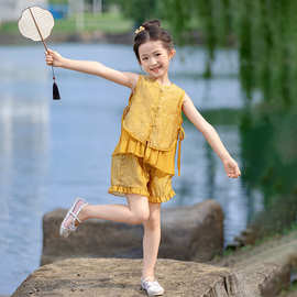 小女孩中国风时尚洋气唐装夏季古风新品黄马褂国风套装一件代发