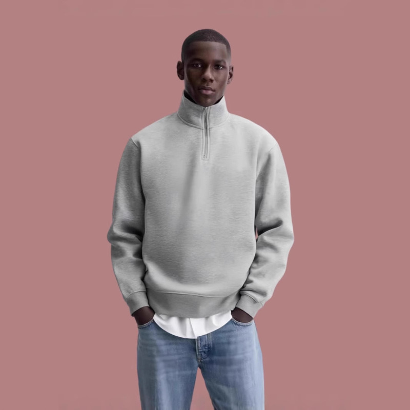 FBUF heavy 500g half zipper stand collar Boxy gray sweater cleanfit American men's and women's autumn and winter