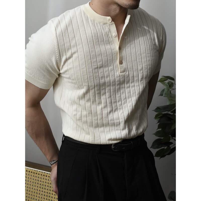 Chai Mi Henry Collar Knitted T-shirt Men's Short-sleeved Casual Base Shirt American Style Retro Ami Khaji Summer