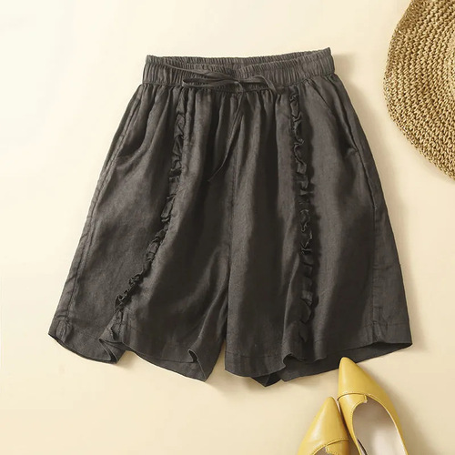 Cotton Linen Wood Ear Edge Design Wide Leg Shorts for Women 2025 Summer Literary Retro Loose Casual Five-Finger Mid-Calf Pants
