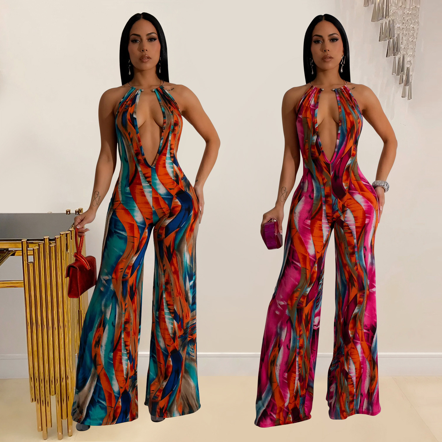 C6930 Aliexpress transfronterizo Amazon Europa y América de moda impresión de ropa de mujer sin mangas profunda V color combinación de pantalones largos image 1