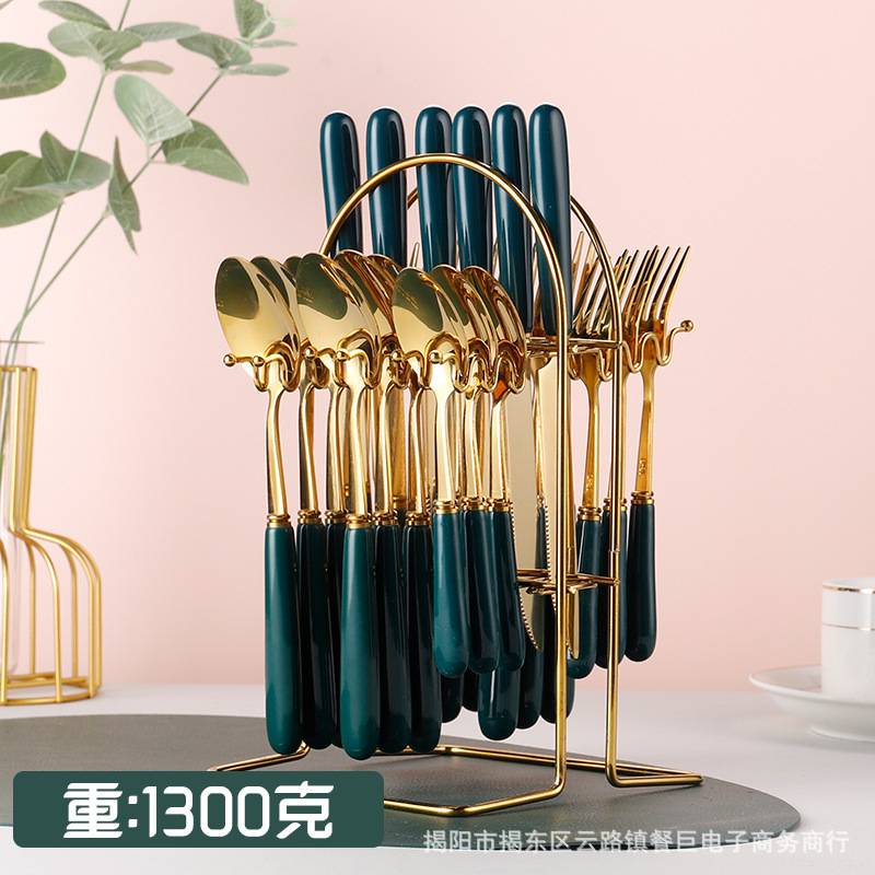 Cruzar la frontera Amazon chapado en oro cuchillo, tenedor y cuchara 24 piezas hogar fiesta banquete vajilla de acero inoxidable regalo traje de madera de bambú