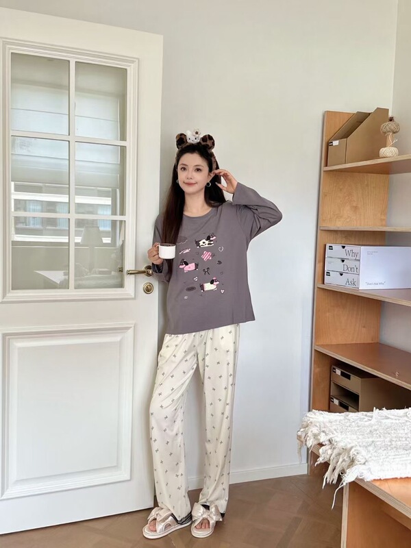 秋季新款ins少女时光蕾丝卡通冰瓷棉长袖甜美圆领休闲家居服套装|undefined