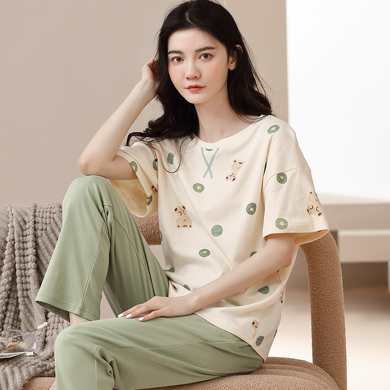 100% Pure Cotton Women's Pajamas, Short-Sleeved Long Pants, Summer Thin Style, Women's Cotton Round-Neck Spring and Summer Outerwear Home Wear Set 100% Pure Cotton Women's Pajamas, Short-Sleeved Long Pants, Summer Thin Style, Women's Cotton Round-Neck Spring and Summer Outerwear Home Wear Set