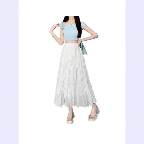 Cross-border white elastic waist A-line women's summer 2025 new high-waist casual temperament long dress trendy