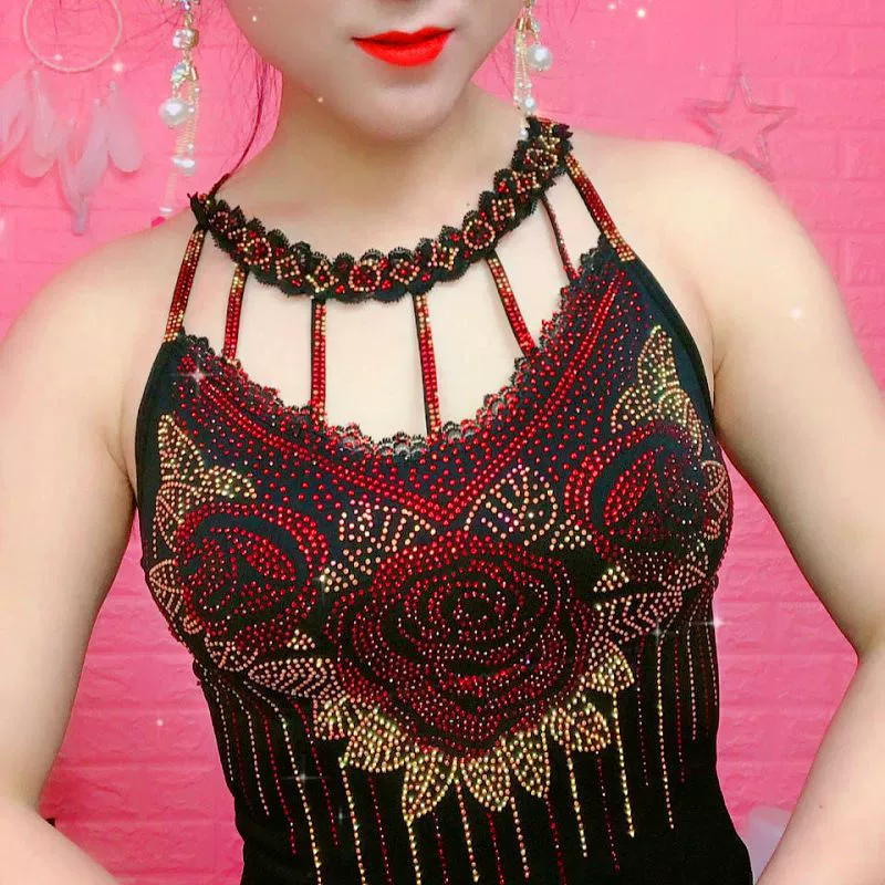 Женская майка на ключице с инкрустацией бриллиантами, новинка осени 2020, сексуальная популярная красивая модная рубашка с красивой спинкой