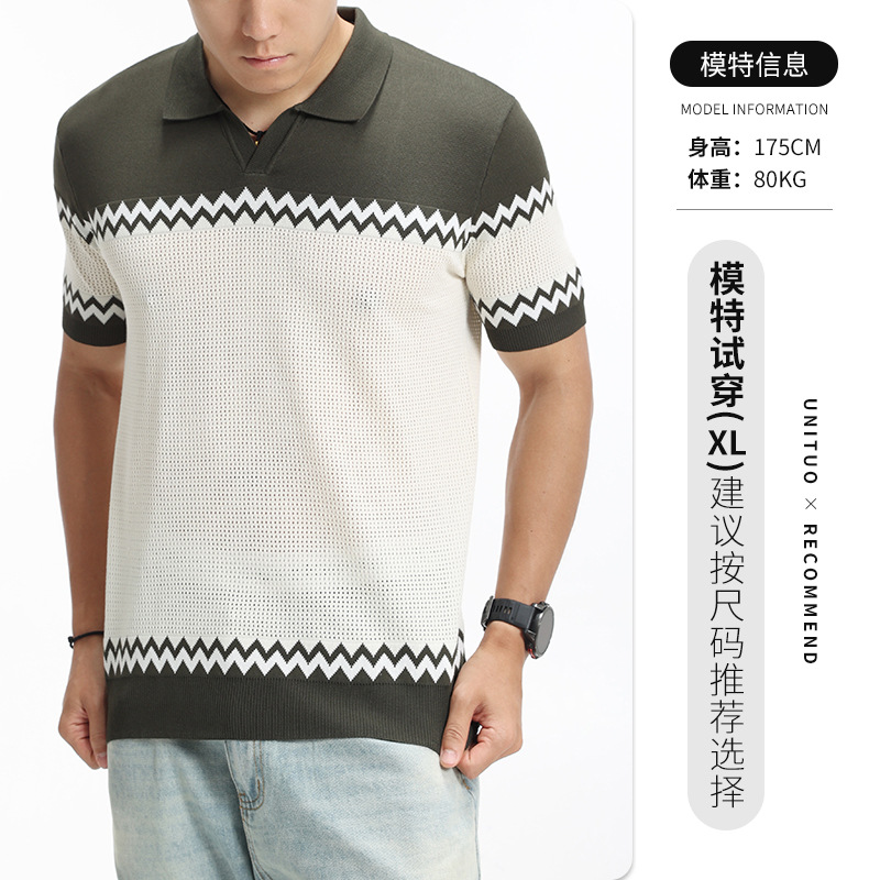 Verano hombre Paul rayas de punto gaviota cuello hielo seda polo camiseta de manga corta hombre casual de alto nivel con solapa ropa de hombre