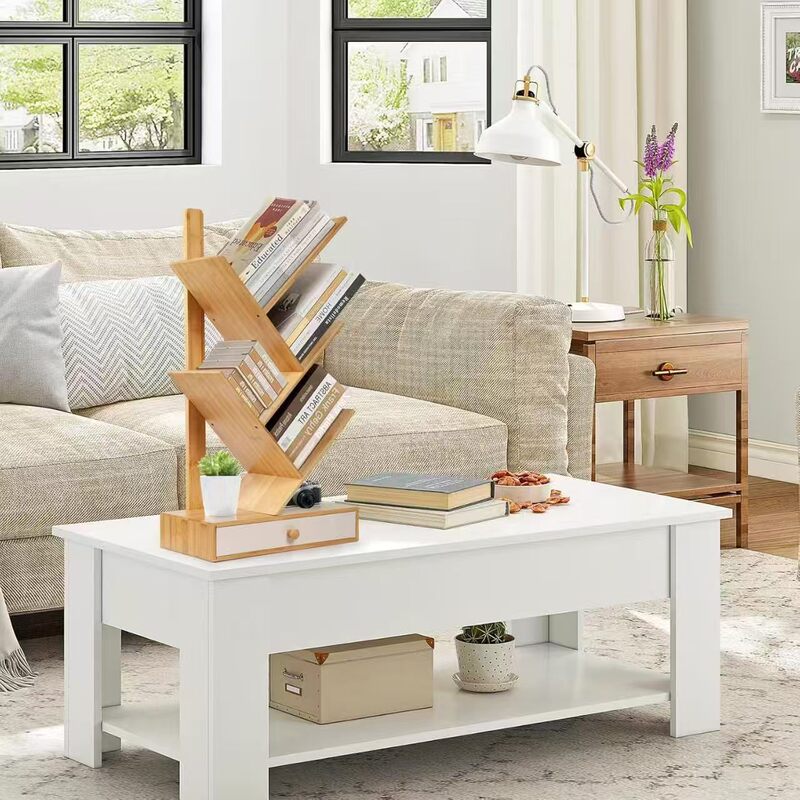 Wooden Desktop Book Storage Rack Storage Rack with Drawer File Rack Study Table Tree-Shaped Bookshelf Magazine Record