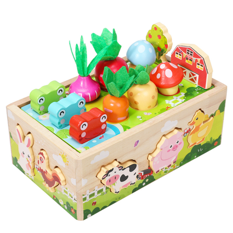 Transfronterizos niños felices granja animal carruaje sacar rabanos agarra insectos juguetes forma cognición emparejamiento de frutas y verduras carro vendedor