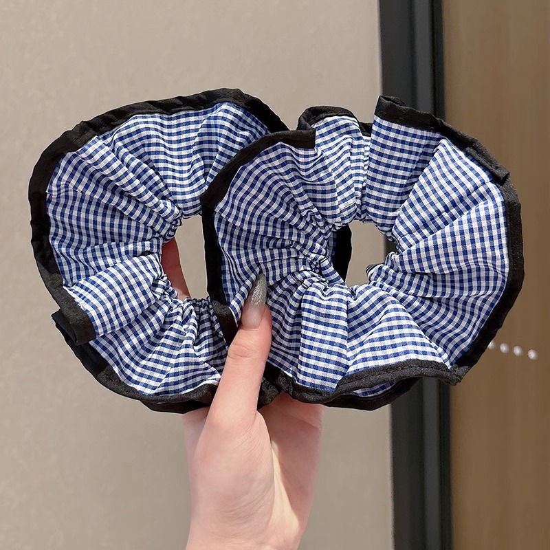 Tela de doble capa de lazo para el cabello de intestino grueso a cuadros azules, estilo coreano perezoso, lazo para el cabello retro, temperamento, tocado de goma