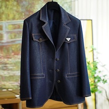 明线阔版牛仔色通勤西装外套女0825