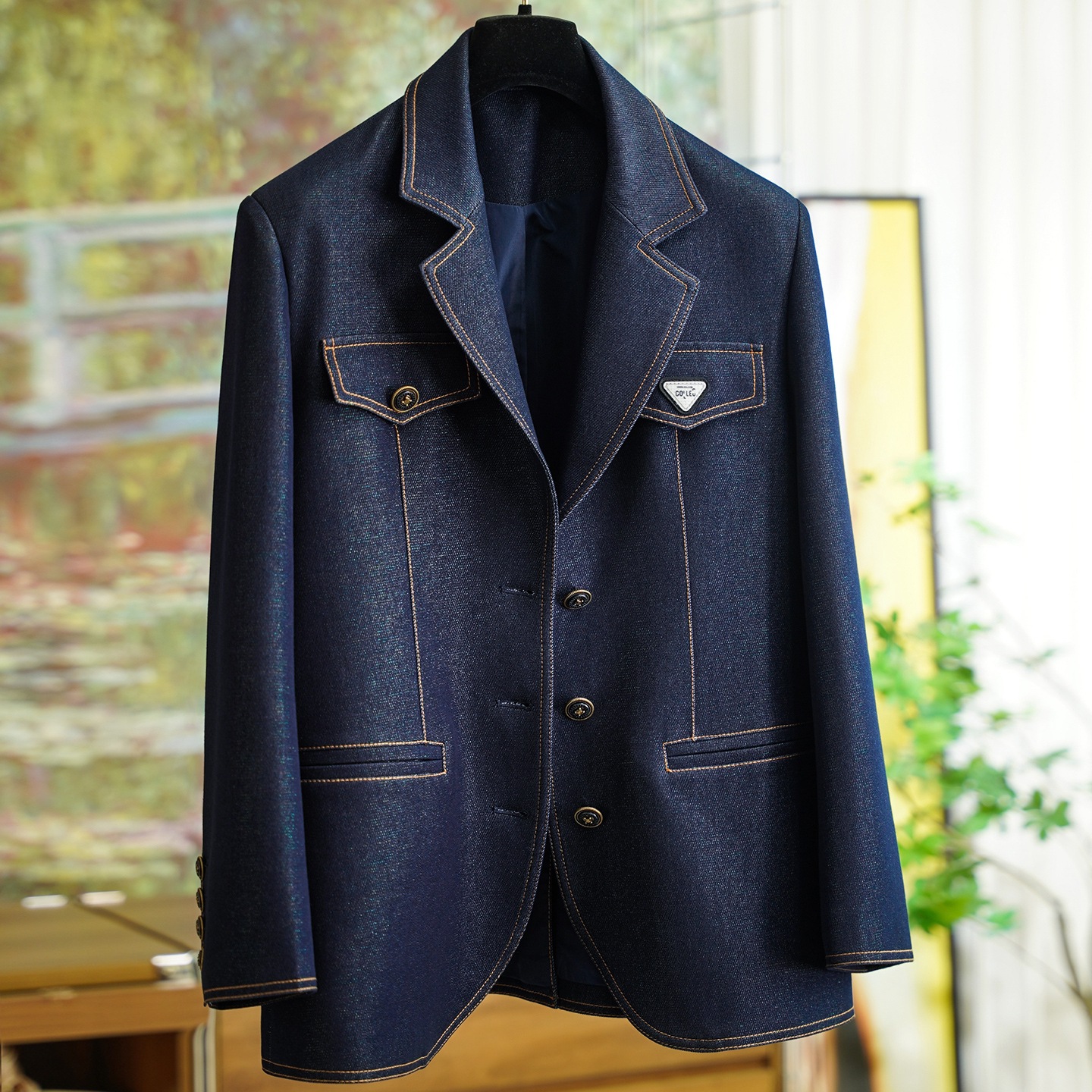 明线阔版牛仔色通勤西装外套女0825