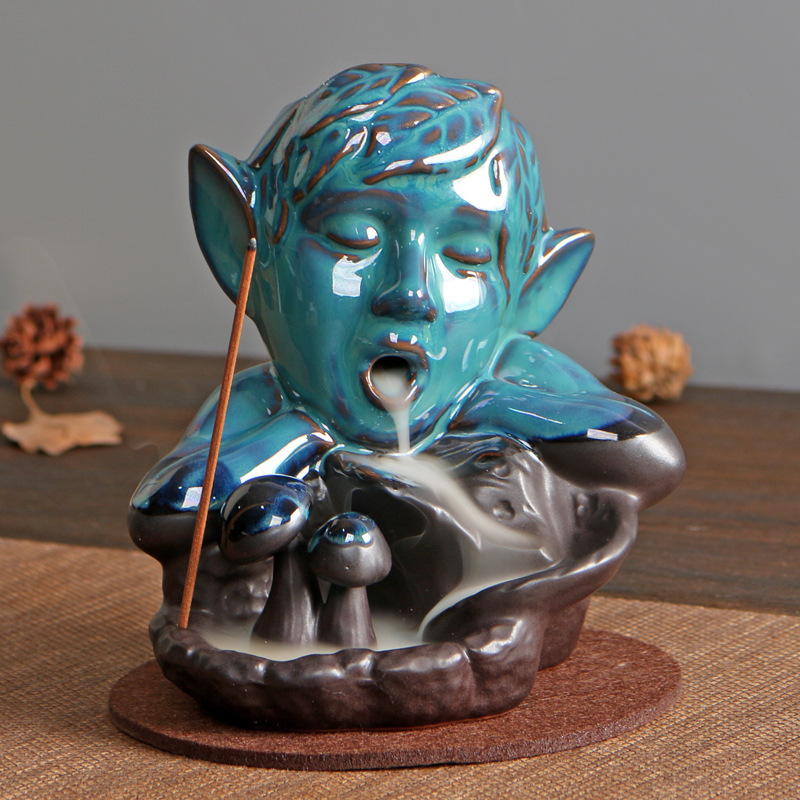蓝色精灵古怪倒流香炉陶瓷创意摆件家居装饰品线香插美式香器批发