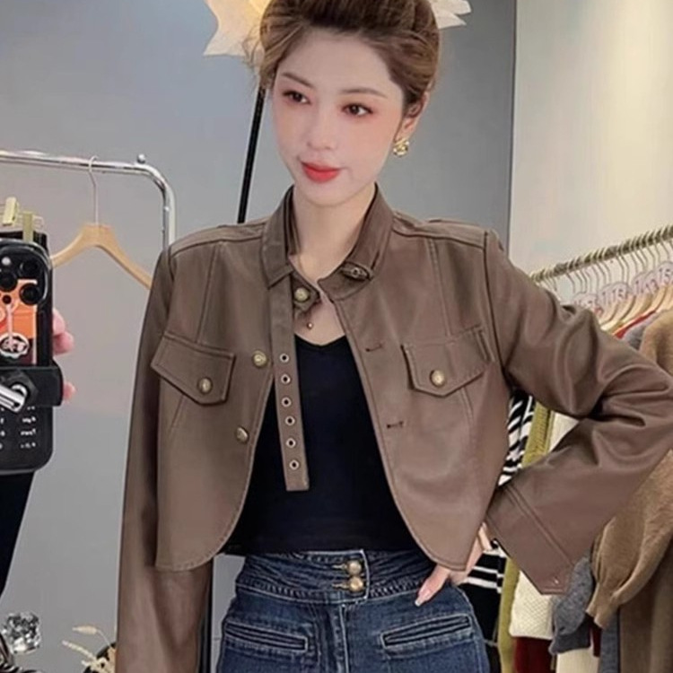 棕色短款皮衣外套女春秋美式复古流行小个子短款显瘦机车pu皮夹克|undefined
