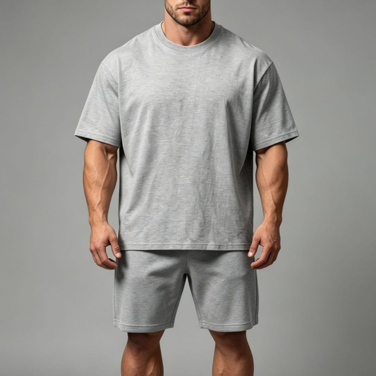 Cross-Border European and American Loose-Fitting Sports Fitness Short-Sleeved Shorts Two-Piece Set for Men, Quick-Drying Cotton Solid Color Casual Workout Set