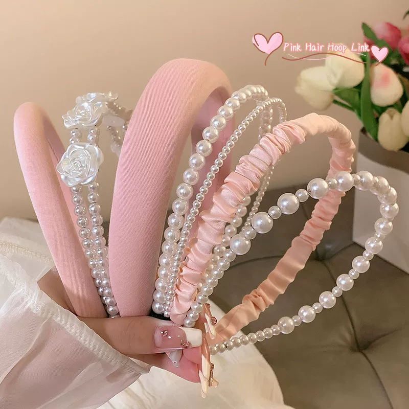 Повязка на голову, милая корейская женская милая повязка на голову с розовым жемчугом, высокая черепная кость, новинка 2023 года, универсальное элегантное украшение